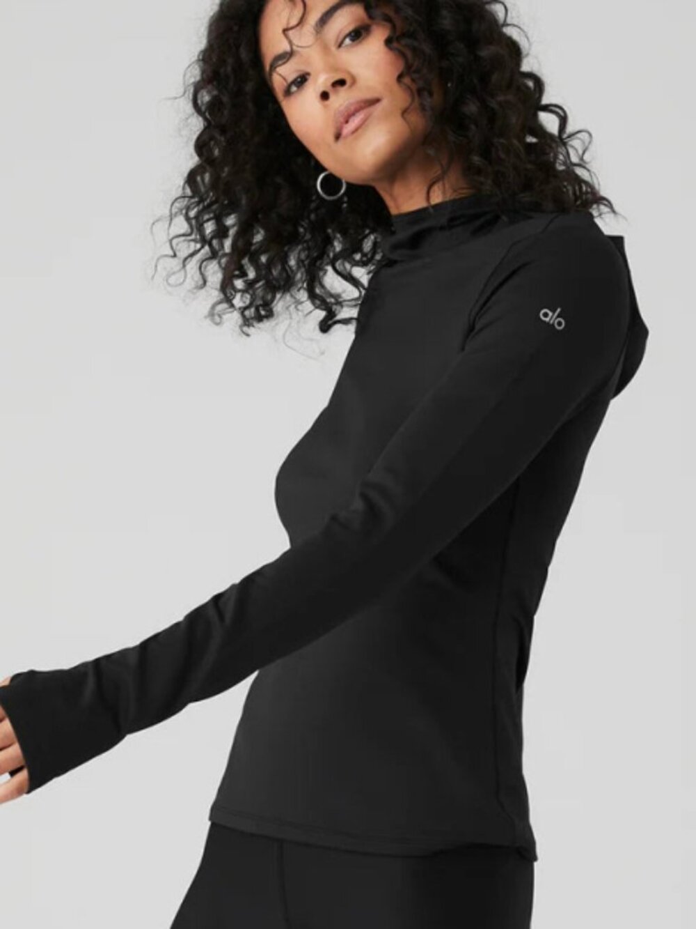 Alo Airlift Winter Warm Hooded Runner Black Brushed Fleece Hood Pullover Hoodie